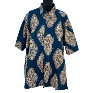 Noa Noa Men Aloha Hawaiian Shirt Size Medium Blue Beige Short Sleeve Button EUC
